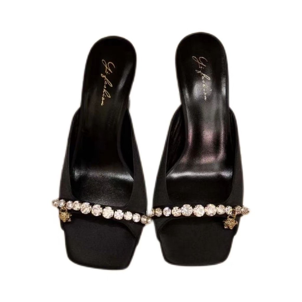 Giày Cao Gót Mũi Vuông Bằng Lụa satin Đính Đá Thời Trang Âu Mỹ 2023