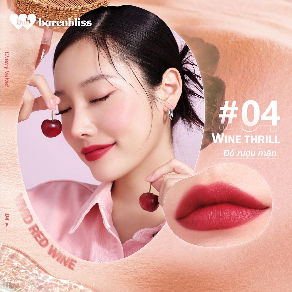 Son Kem Lì Như Nhung Cherry Hàn Quốc Barenbliss Dạng Kem Mịn Mượt Không Khô Môi Lâu Trôi Chống Nước Lip Velvet 2.5g