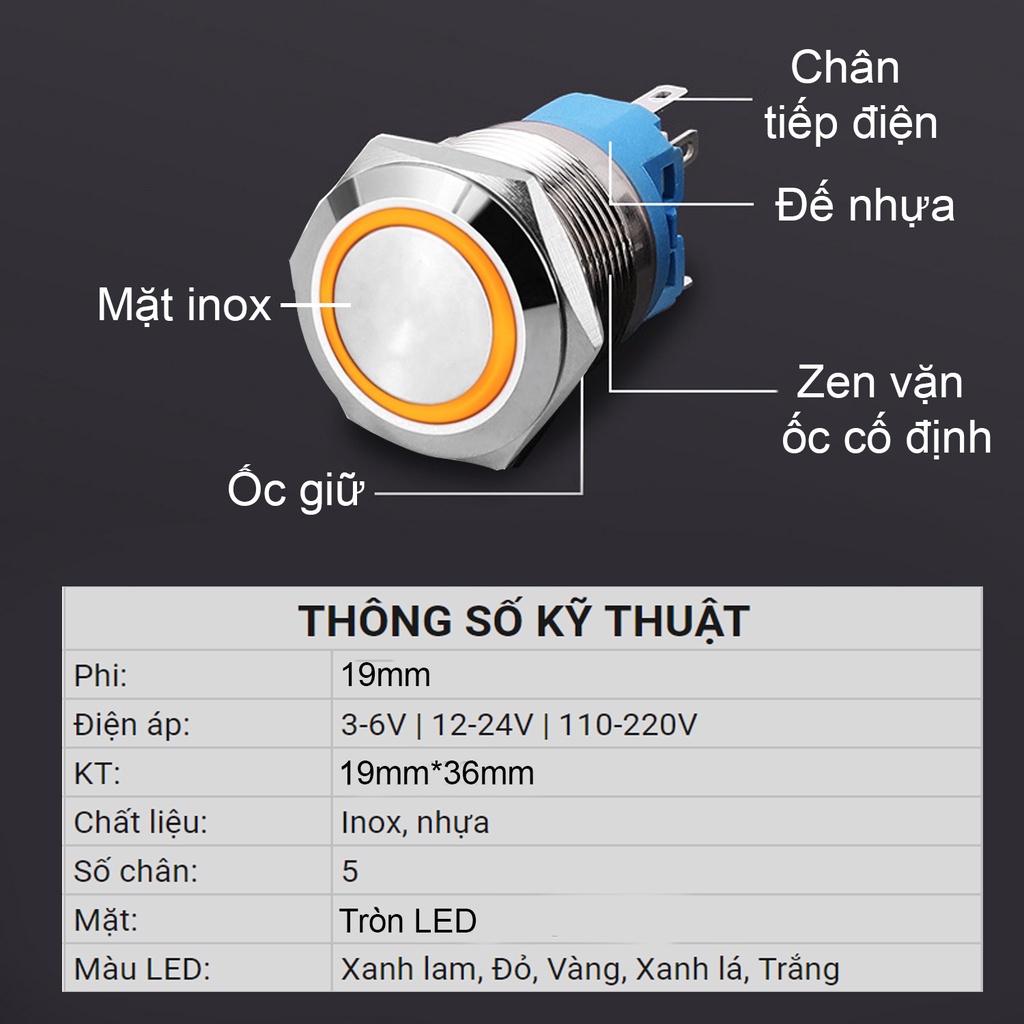 Công tắc kiểu nút nhấn tự khóa 19mm 3-6V, 12-24V, 110-220V Vỏ INOX không thấm nước