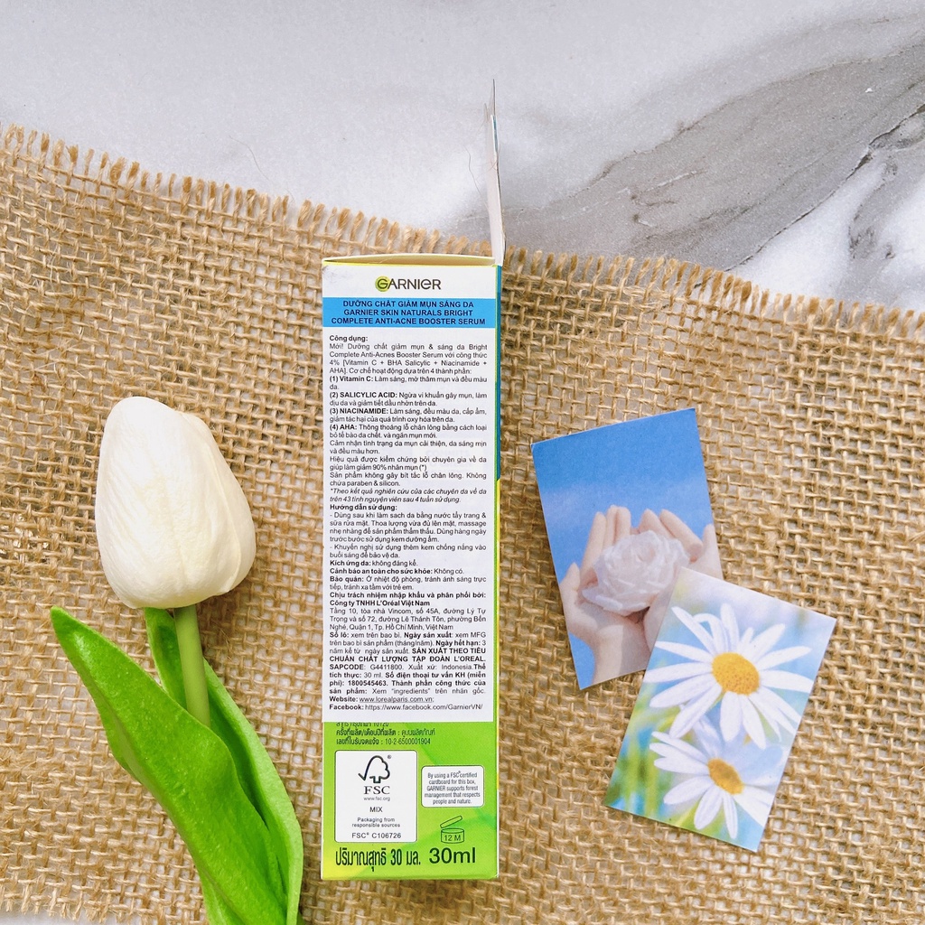 Tinh Chất Garnier Giảm Mụn Mờ Thâm Cho Da Dầu, Mụn Bright Complete Anti-Acnes Booster Serum 30ml
