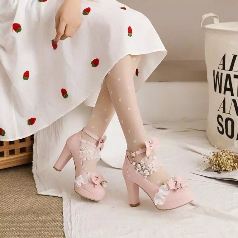 Giày Cao Gót Mũi Tròn Đế Dày Phong Cách lolita Hàn Quốc Ngọt Ngào Có size Lớn Cho Nữ