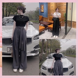 Set áo thun cotton croptop lụa cổ 3p mix quần xám xuông thụng nơ