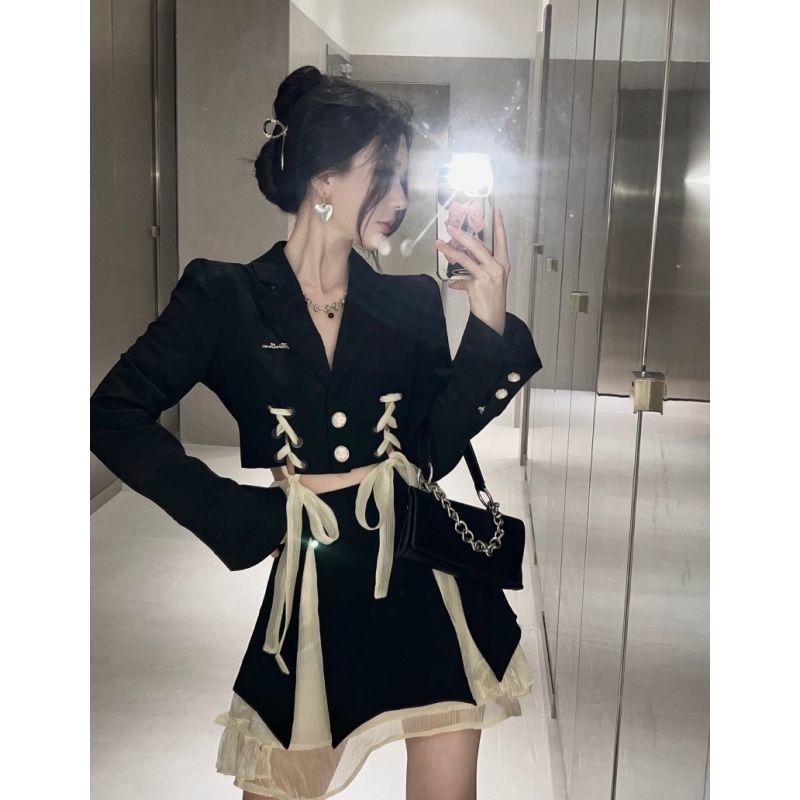 Bộ Áo Vest Thắt Nơ Phối Chân Váy Lưới Ruy Băng Thời Trang Mùa Thu Cho Nữ