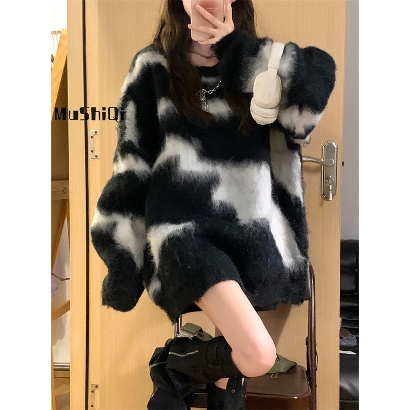 Mushiqi Áo sweater Dệt Kim Phối Màu Tương Phản Kiểu retro Đường Phố Cá Tính Cho Nữ