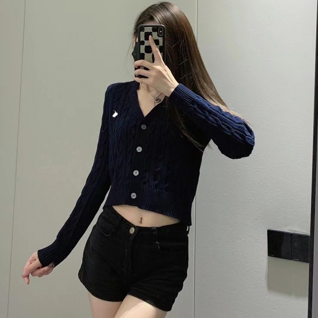 LP0J RalphLauren biao small waist short knitwear cardigan women's spring and autumn all-match twisted knitted sweater coat