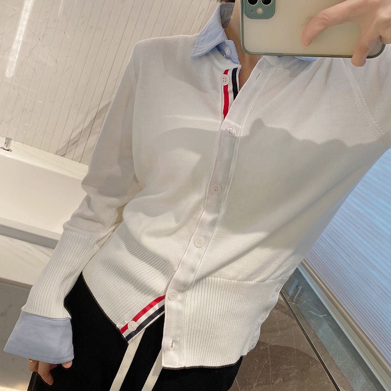 MVDM Thom Browne college style two-piece spring clothes 2023 new fashionable lapel shirt fake two-piece aging slim knit cardigan