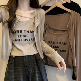 Set Áo croptop dài tay áo thu đông áo thun dài tay Bộ Đồ Ngủ Hai Dây Vải Lụa Mỏng Thời Trang Xuân Hè