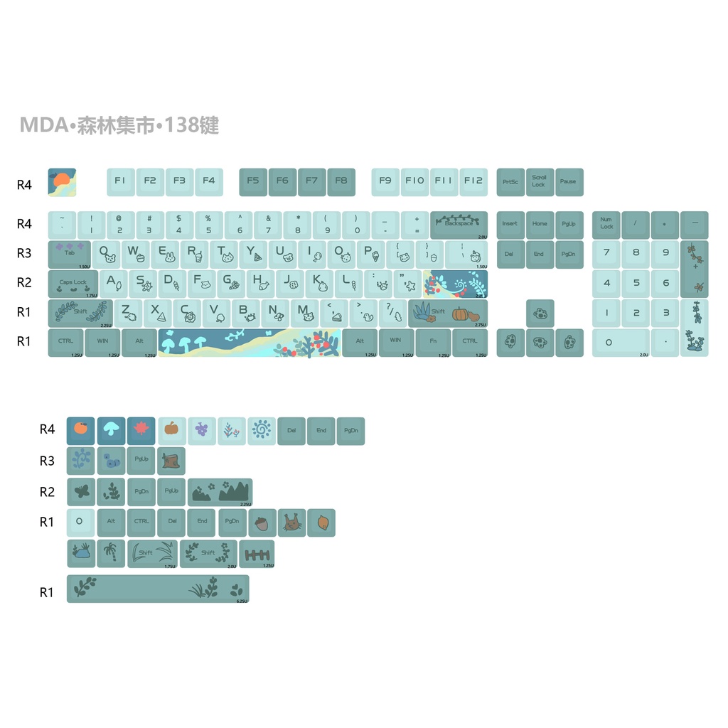 138 Phím Forest Keycaps MDA Profile Màu Xanh Dễ Thương PBT DYE SUB Bàn Phím Cơ Keycap