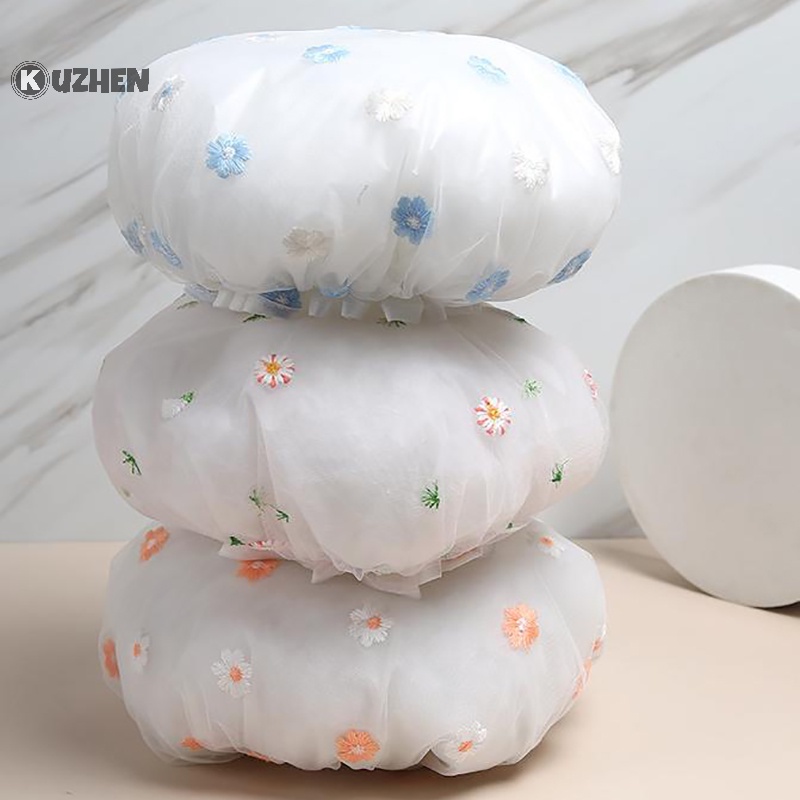Mũ tắm KUZHEN hai lớp dày dặn thêu hoa chống nước và dầu cho phòng tắm/ spa