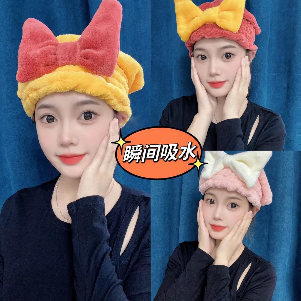 ♕ Mũ đội tóc khô dày dành cho nữ Hút nước siêu mạnh Túi làm khô nhanh Khăn lau tóc Gội đầu Nơ dễ thương Mũ tắm