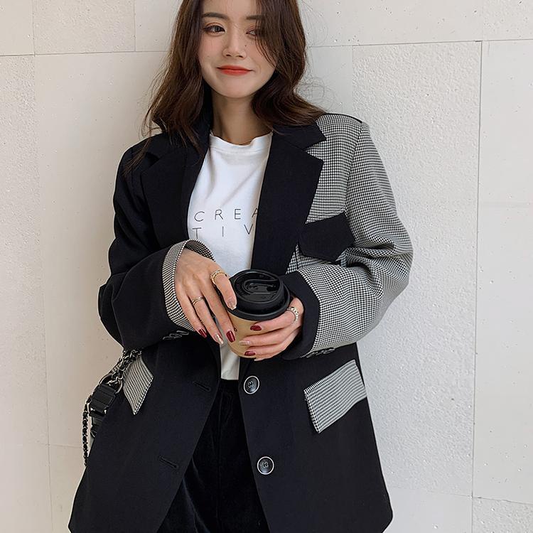 P Áo Khoác blazer Kẻ Sọc Caro Màu Tương Phản Thời Trang Cao Cấp Phong Cách Hàn Quốc 2023