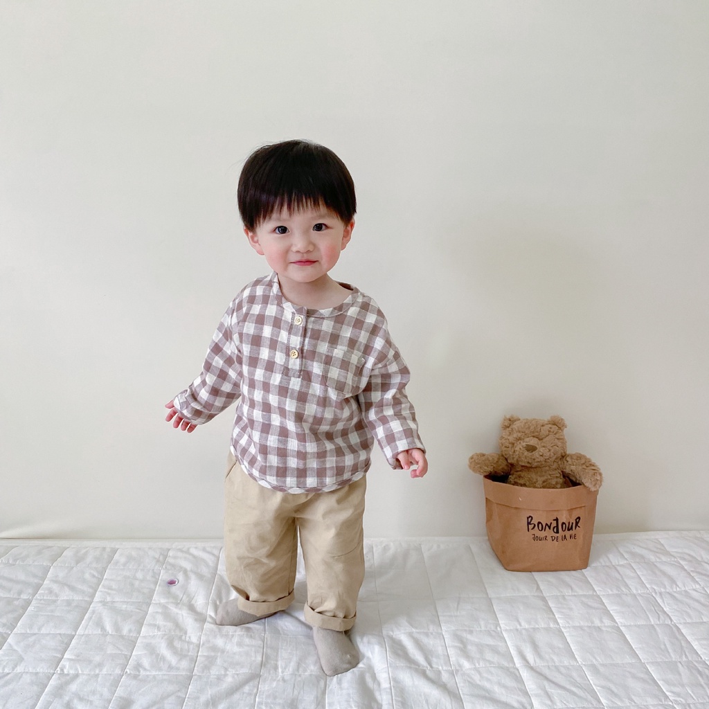 Áo Sơ Mi Tay Dài Dáng Rộng Sọc Ca Rô Thời Trang Cá Tính Cho Bé Trai