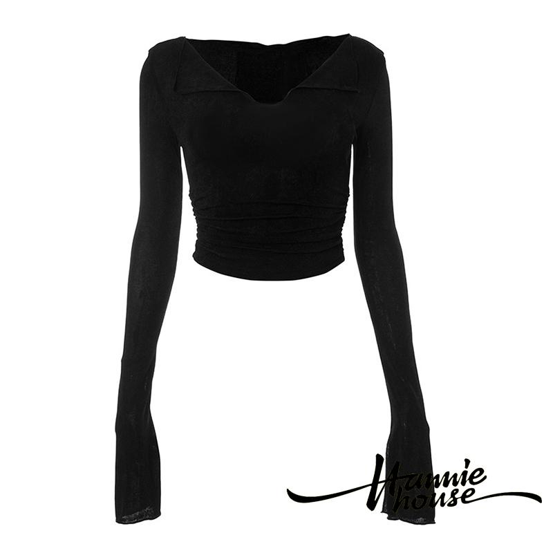 Hannie-áo crop Top Dài Tay Xếp Nếp Màu Trơn Cho Nữ