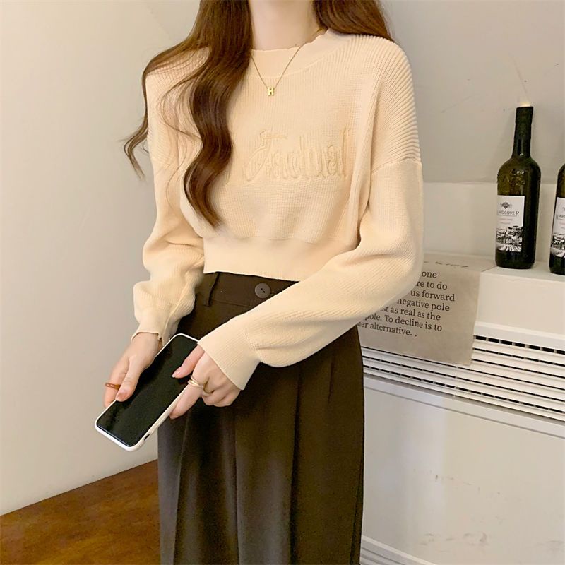Áo sweater Tay Dài Cổ Tròn Eo Cao Thêu Chữ Thời Trang Xuân Thu Cho Nữ