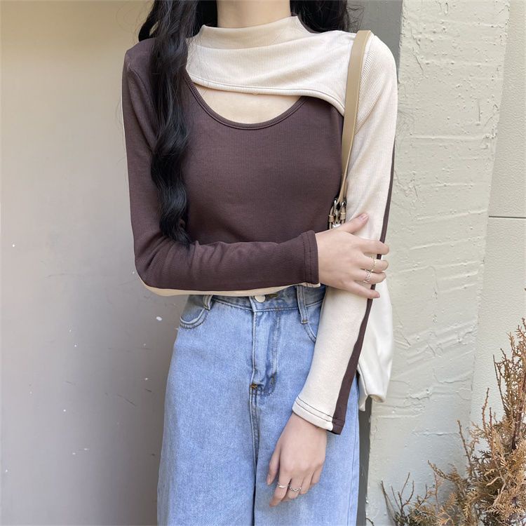 Áo Thun Tay Dài Cổ Lọ Màu Sắc Tương Phản Phong Cách retro Dành Cho Nữ