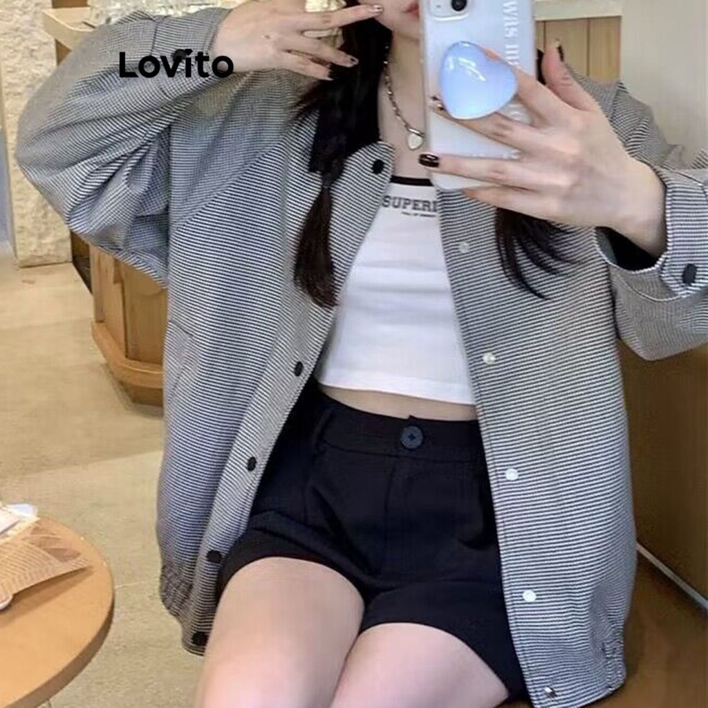 Lovito Áo khoác Houndstooth Colorblock có nút phía trước thông thường dành cho nữ LNE29412