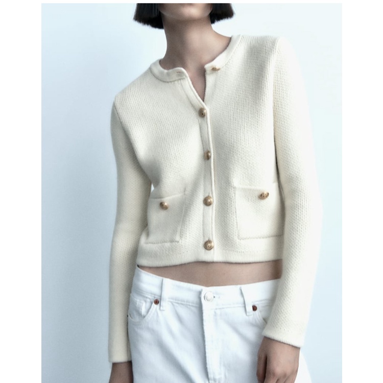 Zara Áo Khoác Dệt Kim Tay Dài Cổ Tròn Có Túi Màu Vàng Thời Trang Thu Đông 233991118