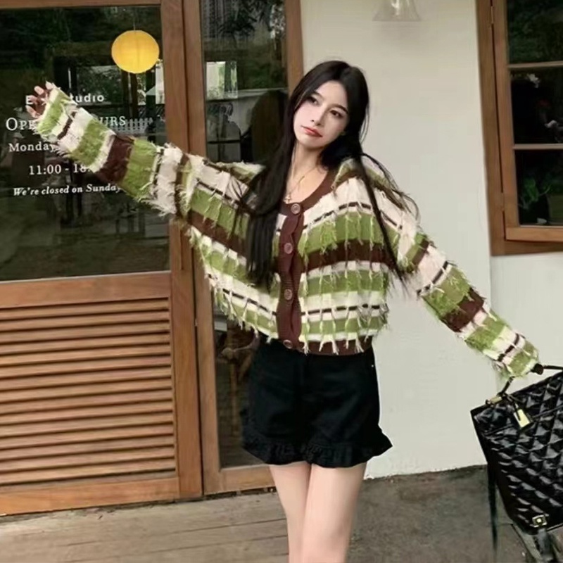 You Áo Khoác cardigan Len Tay Dài Viền Tua Rua Tương Phản Phong Cách Ngọt Ngào Cho Nữ