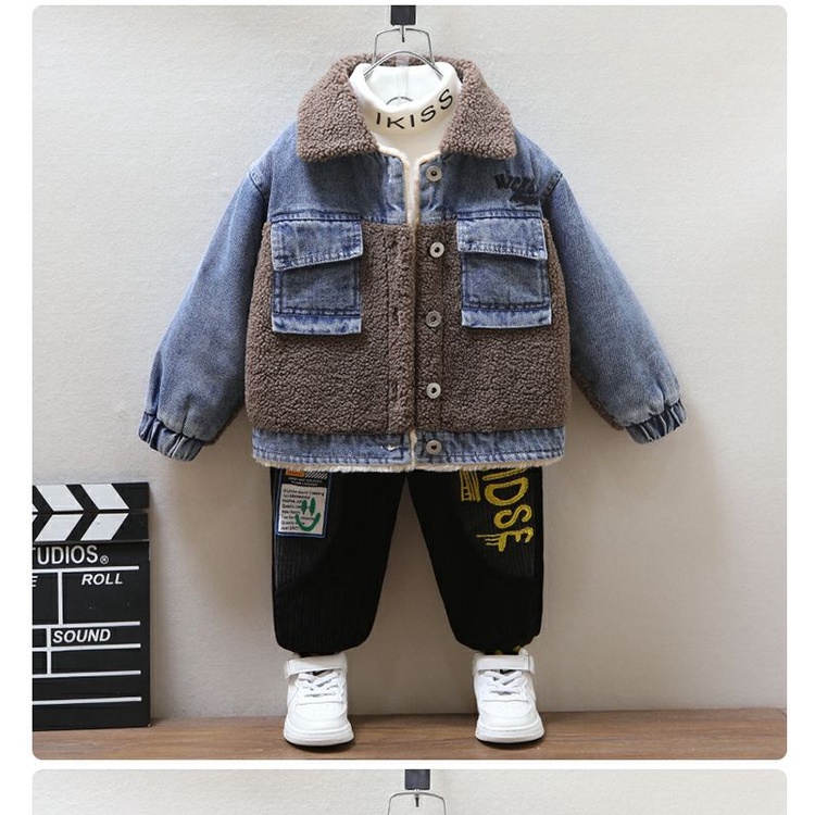 Áo Khoác denim Lót Nhung Lông Cừu Dày Dặn Thời Trang Thu Đông Cho Bé Trai