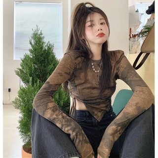 Áo Thun Tay Dài Cổ Tròn Nhuộm Màu Phong Cách retro Cho Nữ