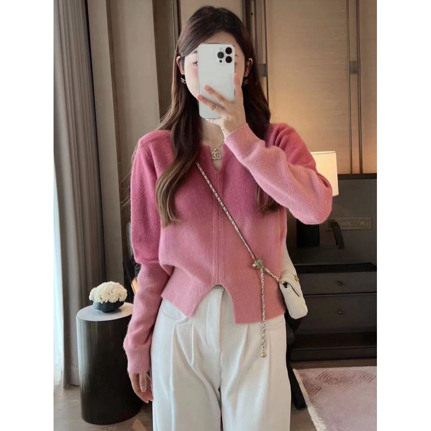 Mềm Áo sweater Dệt Kim Cổ v Màu gradient Phong Cách Phương Tây Thời Trang Thu Đông Cho Nữ