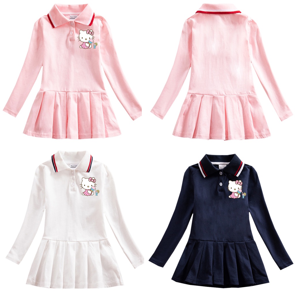 Hello kitty Đầm cotton Cổ polo Tay Dài In Họa Tiết Hoạt Hình Cho Bé Gái