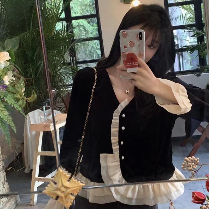 Áo Sơ Mi Nhung Phối Ren Bèo Phong Cách vintage