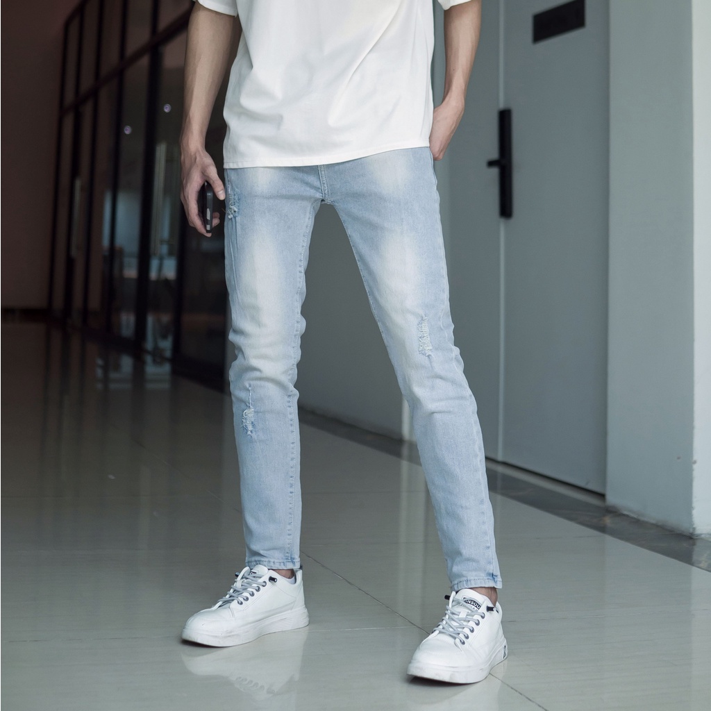 Quần jean nam xước mài màu xanh ghi nhạt co giãn 4 chiều cao cấp chất bò denim dáng ôm slimfit skinny 0001 Pon.mens