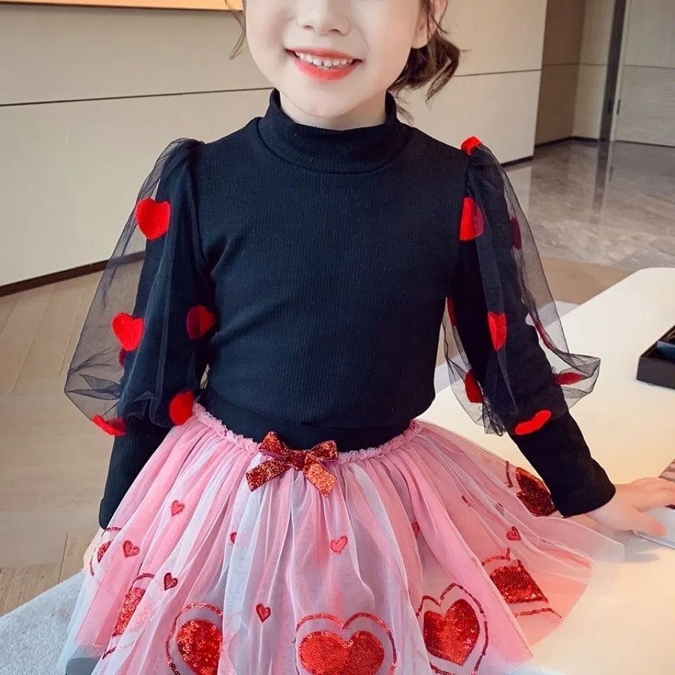 Áo Kiểu Tay Phồng Thêu Họa Tiết Trái Tim Thời Trang Xuân Thu Xinh Xắn Cho Bé Gái