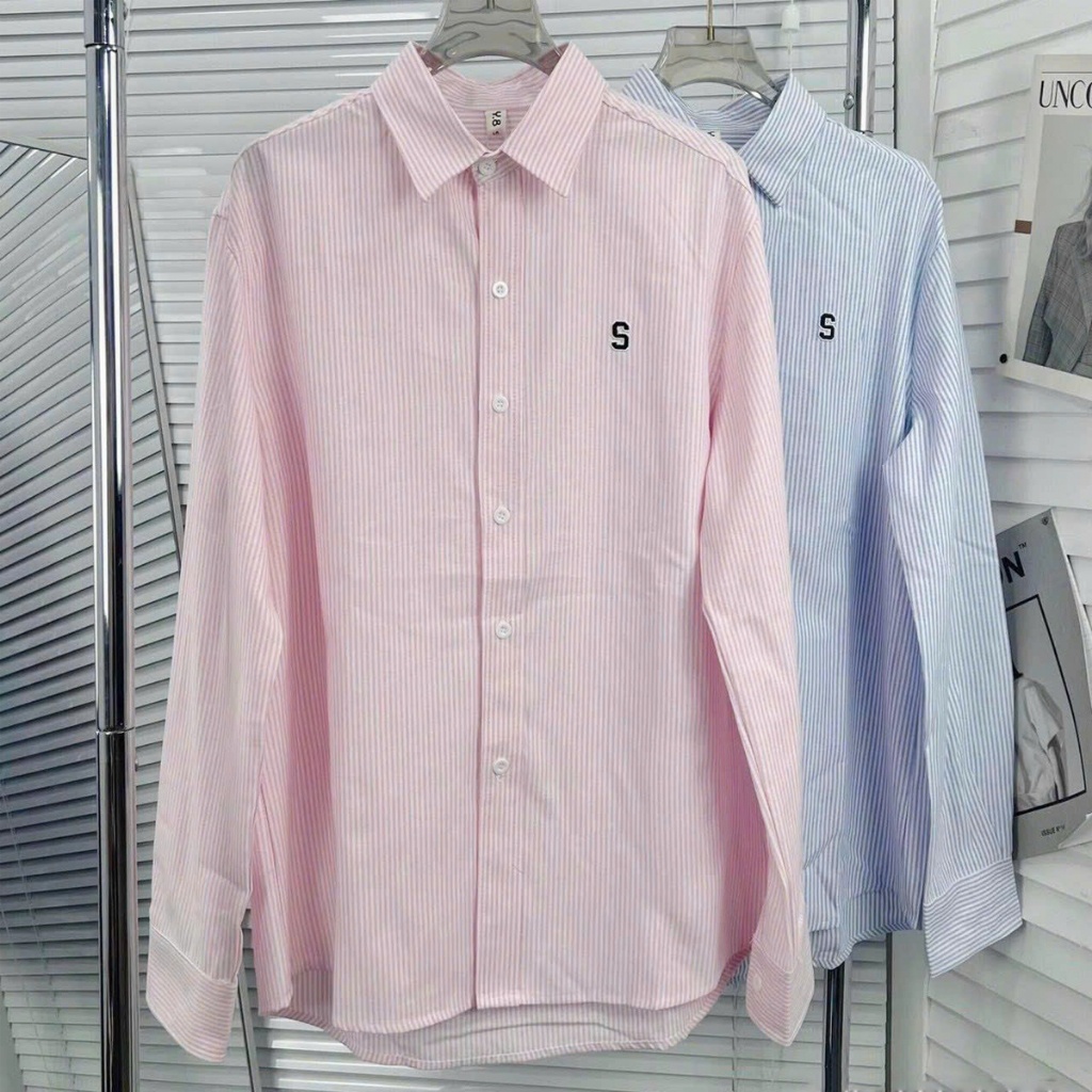 Áo sơ mi nữ dài tay kẻ sọc dáng dài thêu chữ áo kiểu đi học đi chơi ATC0069