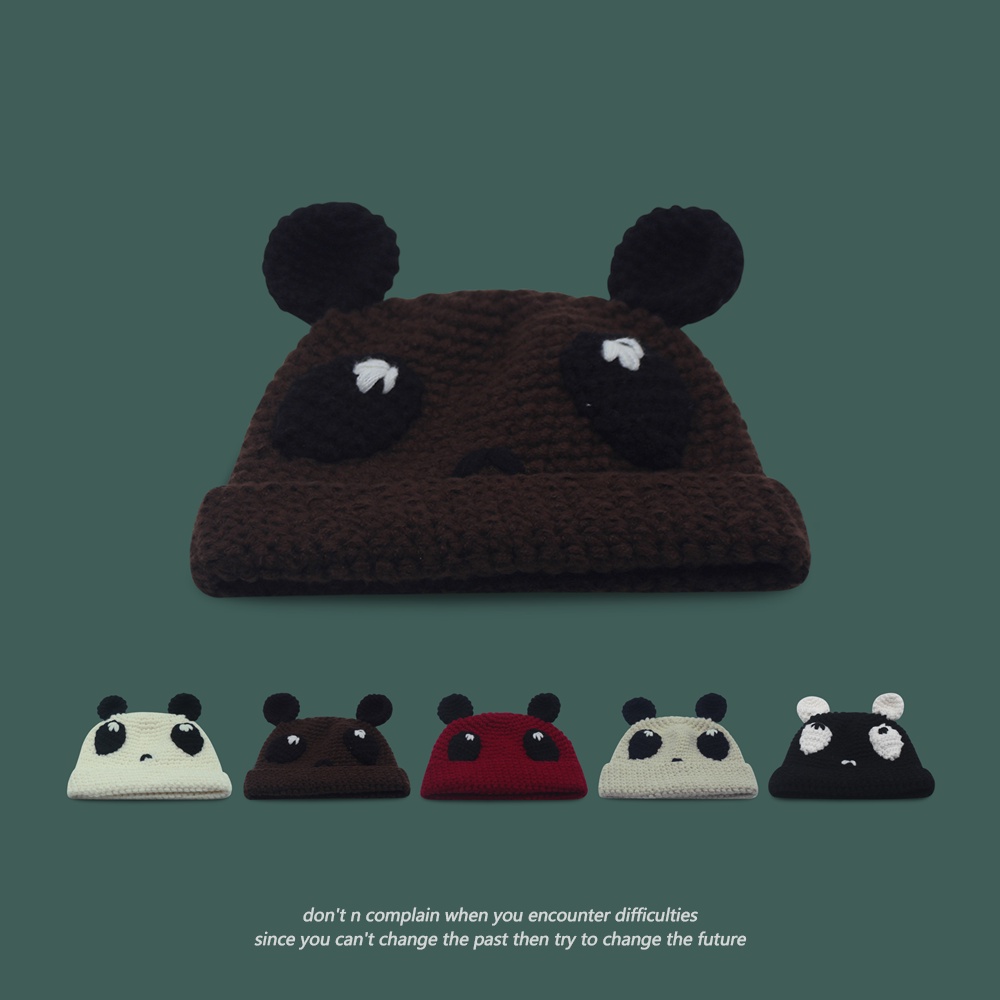 Dễ Thương Mũ Len Dệt Kim Đính Tai Gấu Trúc Phối Màu Tương Phản Xinh Xắn Cho Nữ