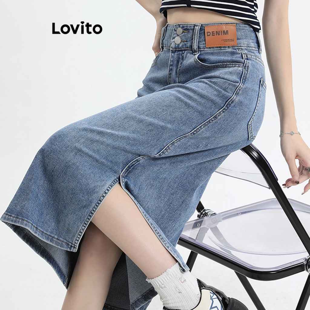Chân váy denim Lovito xẻ tà trước có túi màu trơn thường ngày cho nữ LNA17135 (màu xanh dương)