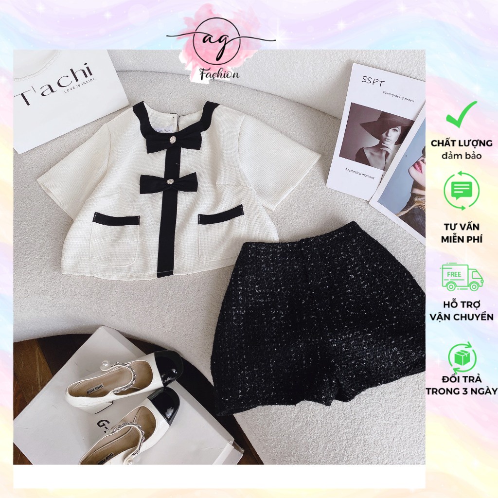 SET ÁO CROPTOP DẠ NƠ VIỀN CROPTOP + QUẦN SHORT BỐ ĐEN AG.FASHION