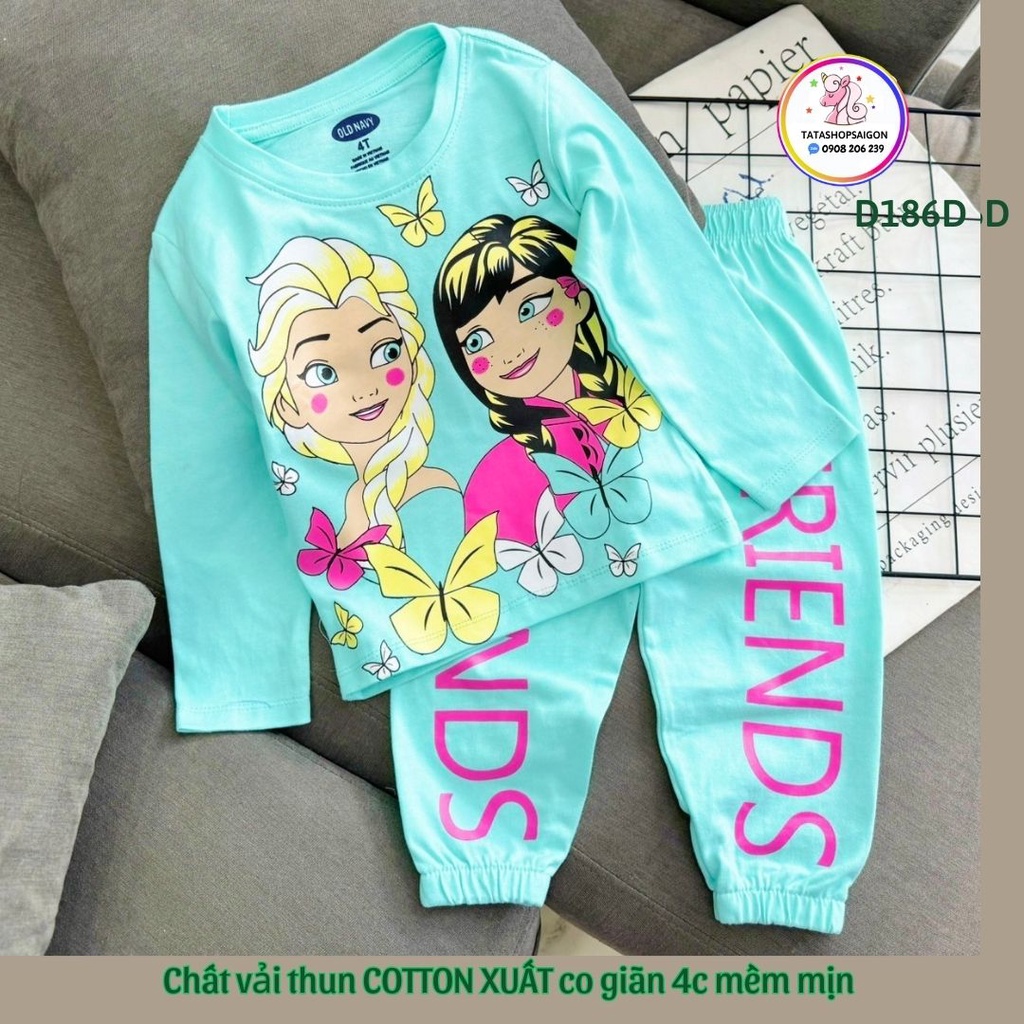 Bộ quần áo tay dài bé gái thun cotton xuất in hoạt hình D186