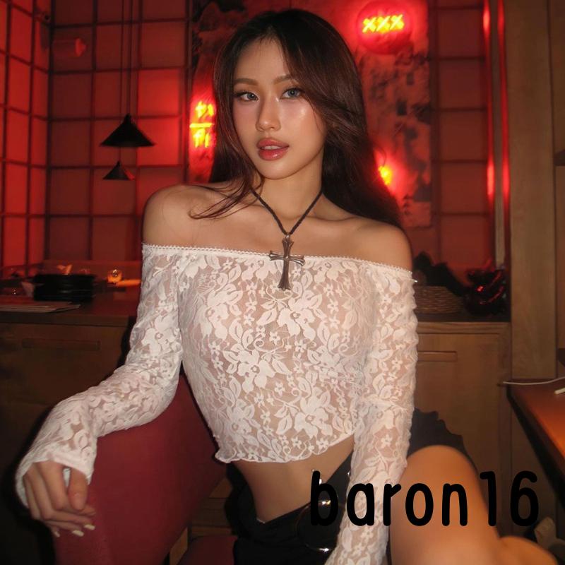 Risz Áo Croptop Trễ Vai Tay Dài Phối Ren Thời Trang Cho Nữ