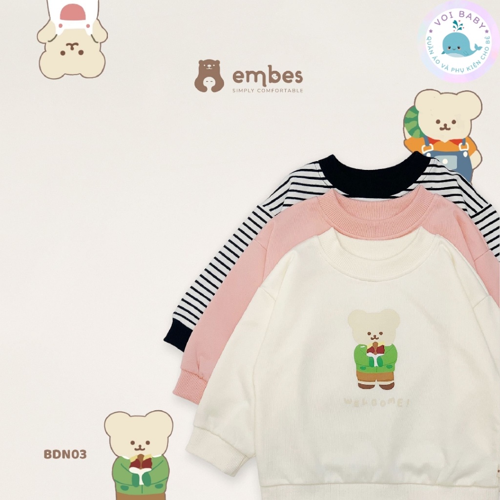 Bộ dài tay nỉ da cá in gấu cho bé trai bé gái Embes