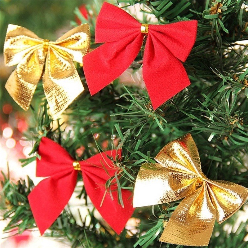 Set 12 Nơ Màu Vàng / Bạc Trang Trí Cây Thông Noel / Giáng Sinh