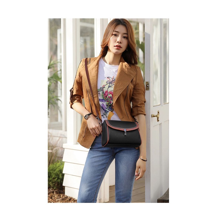 Túi Đeo Chéo Da Bò Dáng Vuông Nhỏ Màu Tương Phản Thời Trang Cho Nữ