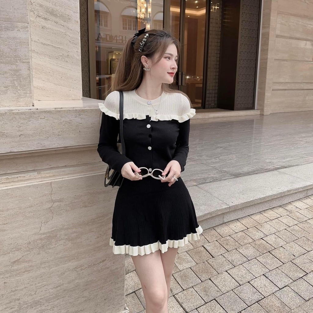 Set Váy Áo Croptop Có Lót Quần Đen Vải Thun Tăm Bigsize 50-100kg