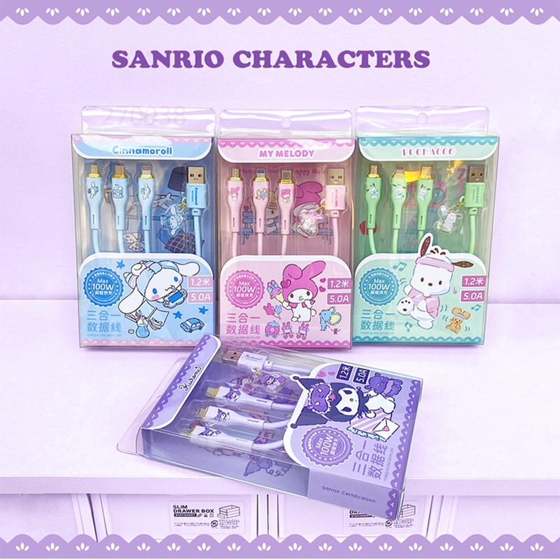 Sanrio Dây Cáp Sạc Nhanh 3 Trong 1 sj-667 100w 1.2m Chuyên Dụng Chất Lượng Cao