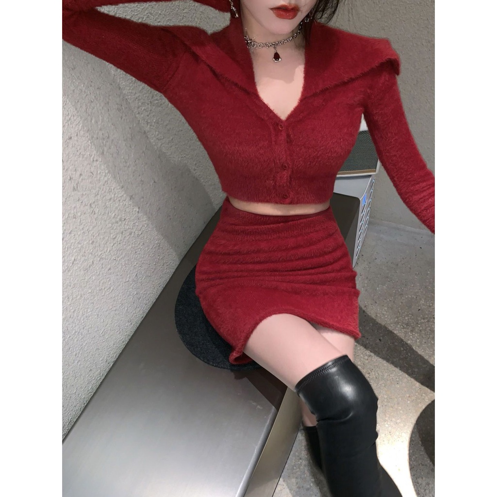 Set Áo Khoác cardigan Lông Cừu Ngắn + Chân Váy Chữ a Lưng Cao Ôm Dáng Thời Trang Giáng Sinh Năm Mới Cho Nữ