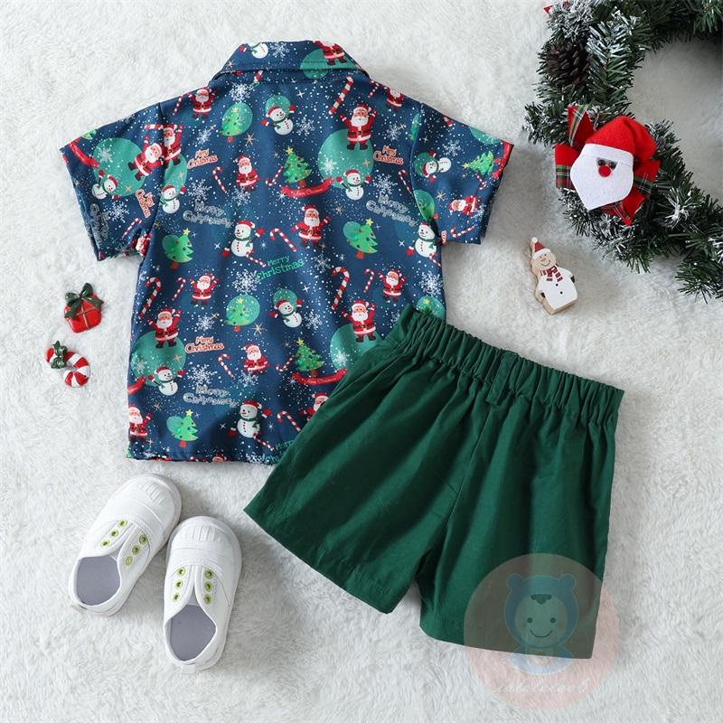 Laa6-bộ Áo Sơ Mi Ngắn Tay Cổ Bẻ In Họa Tiết Ông Già Noel + Quần short Màu Trơn Cho Bé Trai