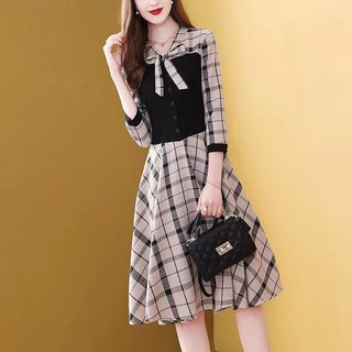 Mới Đầm Nữ Dáng Ôm Họa Tiết Caro Phong Cách retro Thời Trang