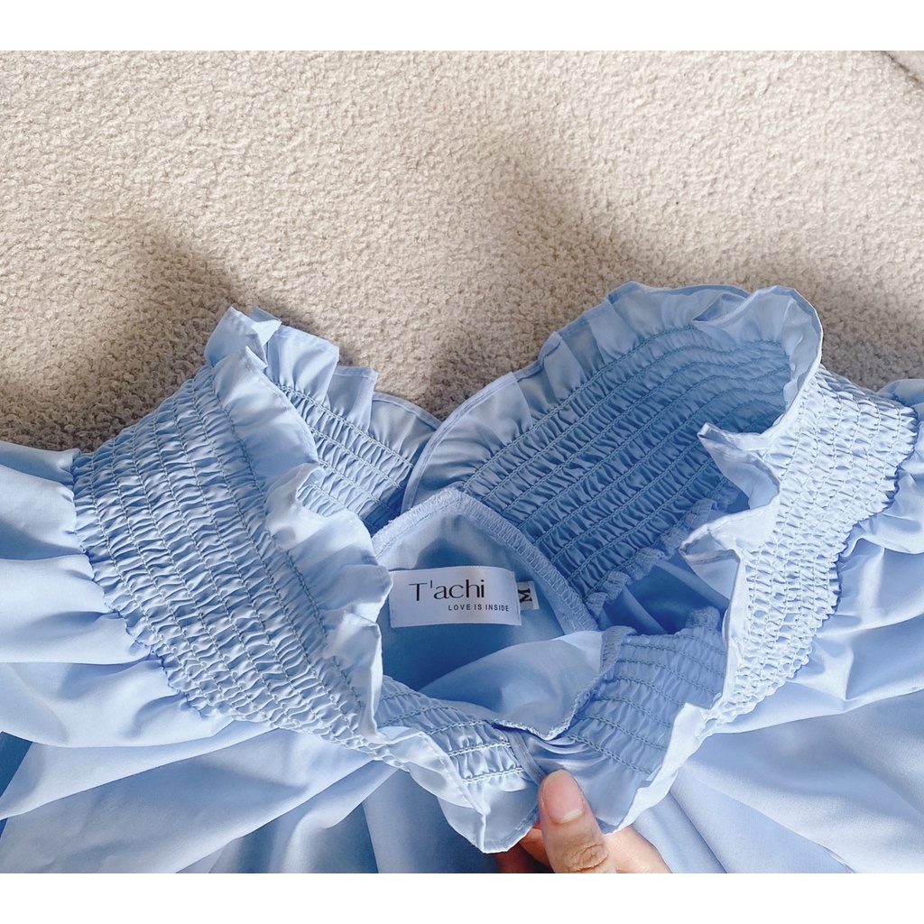 SET ÁO XANH TRỄ VAI BOTHUN TAY PHỒNG +CHÂN VÁY KAKI NÂU