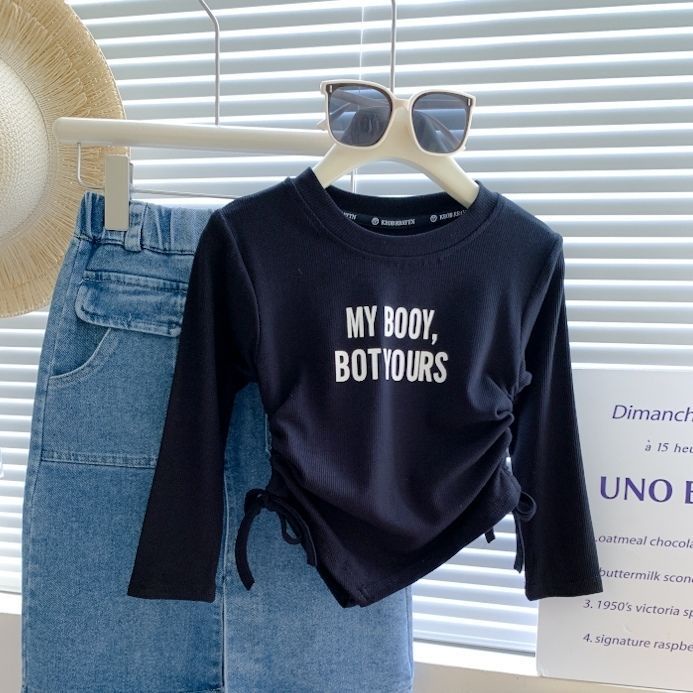 Thời Trang Áo Thun Tay Dài Co Giãn In Chữ Hai Mặt Phối Dây Rút Phong Cách Hàn Quốc Xuân Thu 2024 Cho Nữ