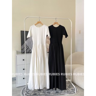 RUBIES Maya Dress - Đầm Dài Nữ Vải Thun Phối Kate Dáng Ôm Tùng Xòe Tay Ngắn Cổ Tròn
