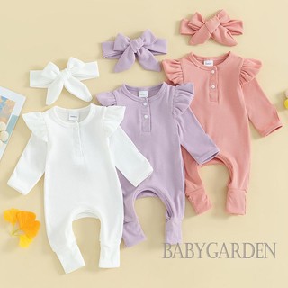 Bộ áo liền quần dài tay cổ tròn kèm băng đô cho bé gái sơ sinh