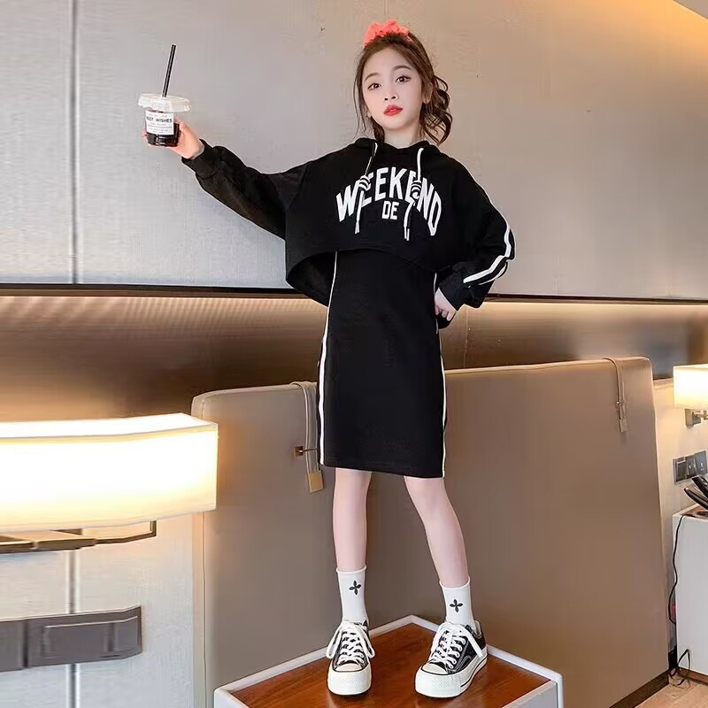 Bộ đầm sát nách và áo hoodie thời trang xuân thu phong cách Hàn Quốc cho bé gái