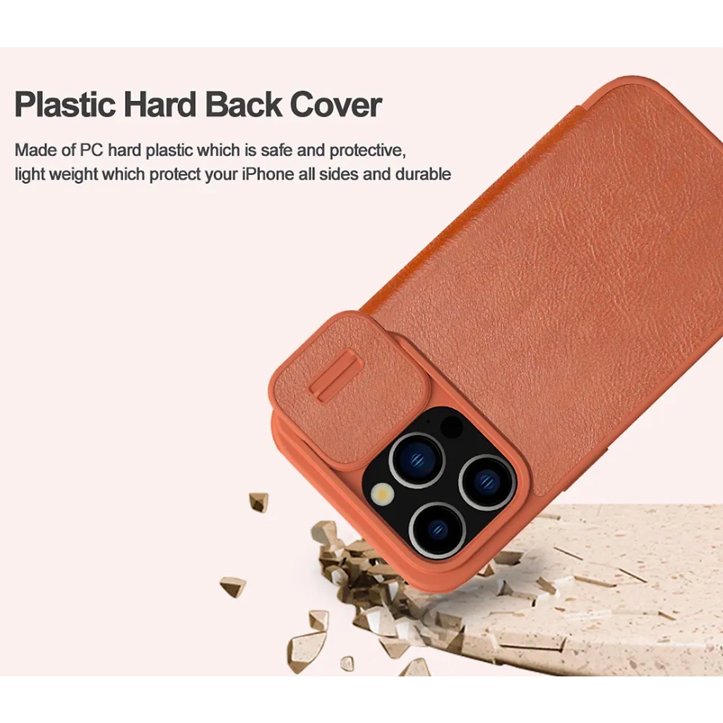 Bao da dành cho iPhone 15 Pro Max, 15 Pro hàng chính hãng Nillkin QIN có nắp trượt bảo vệ camera - Hàng nhập khẩu