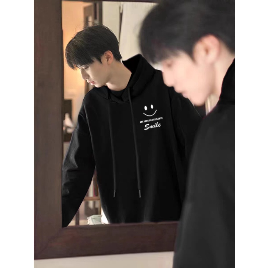 Áo Hoodie Nhung Dày Dặn In Hình Mặt Cười Màu Bạc Phong Cách hong kong Thời Trang Thu Đông Mới Cho Nam Và Nữ